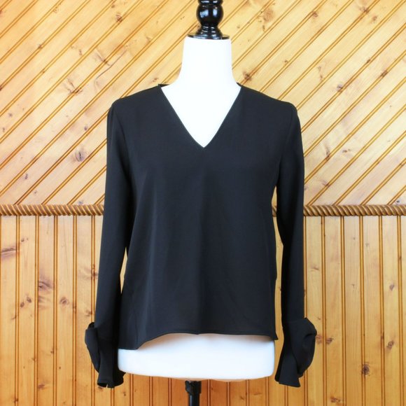 Zara Bow Tie Top Basic Collection Dressy Small Black Long Bell Sleeves CA230 - Picture 8 of 8